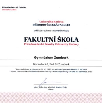 Gymnázium může i&nbsp;nadále užívat titul Fakultní škola PřF&nbsp;UK