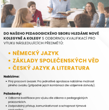 Do našeho pedagogického sboru hledáme nové kolegyně a&nbsp;kolegy.